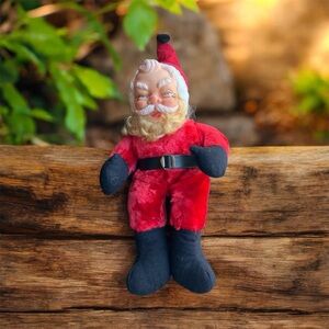 Vintage Rubber Face Santa Claus Plush Doll Christmas Blonde Beard Buckle Belt